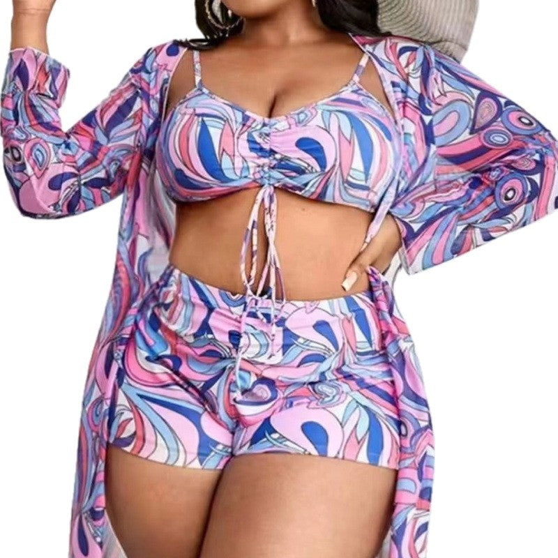 Plus Size Three-Piece Bikini Set With Long Cover-Up