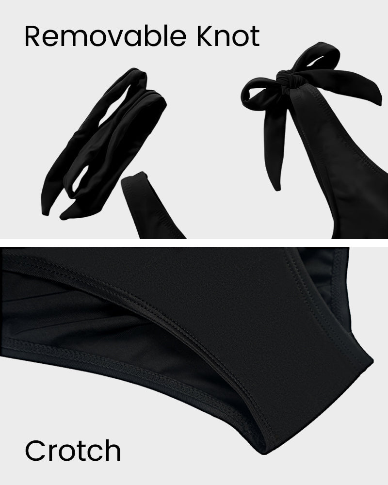 Double Tie Shoulder High Waist Tummy Control Bikini Set - Black