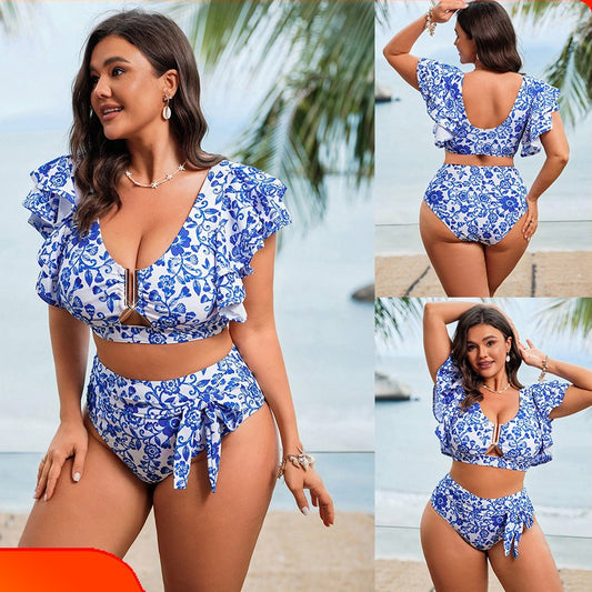 Plus Size Porcelain Print Two-Piece Bikini Set