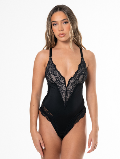 V-Neck Half Laced Bodysuit in black bodysuit