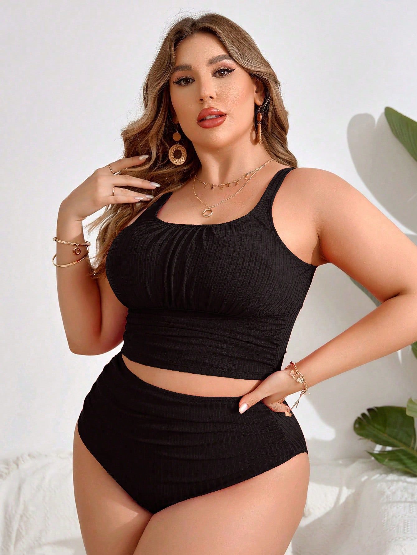 Plus Size High-Waisted Ruched Bikini Set