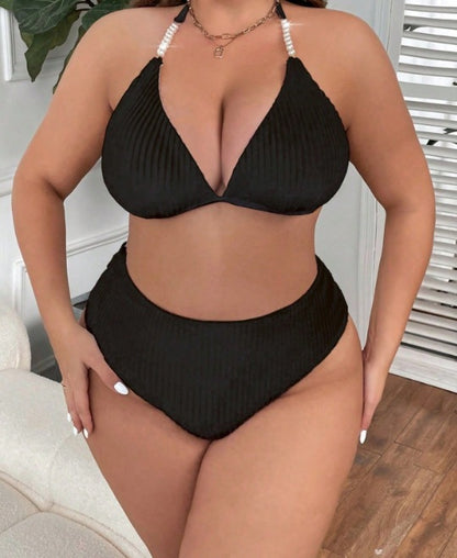 Plus Size Halter Backless High-Waisted Bikini Set