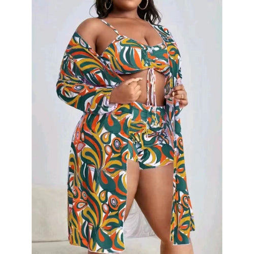 Plus Size Three-Piece Bikini Set With Long Cover-Up