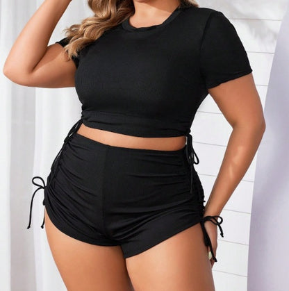 Plus Size Textured Drawstring Boyshort Bikini Set