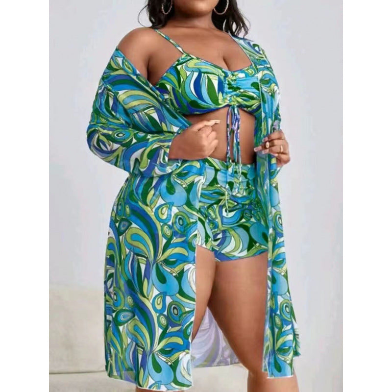 Plus Size Three-Piece Bikini Set With Long Cover-Up