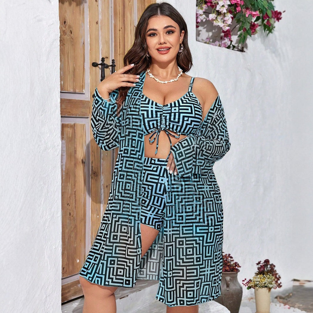 Plus Size Geometric Three-Piece Bikini Set With Cover-Up
