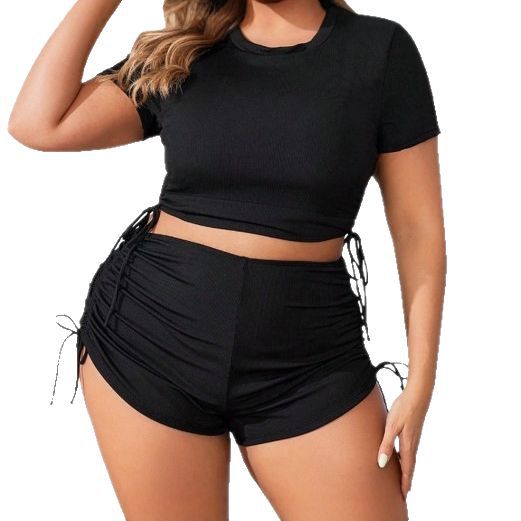 Plus Size Textured Drawstring Boyshort Bikini Set