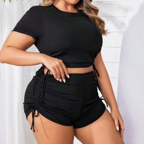 Plus Size Textured Drawstring Boyshort Bikini Set