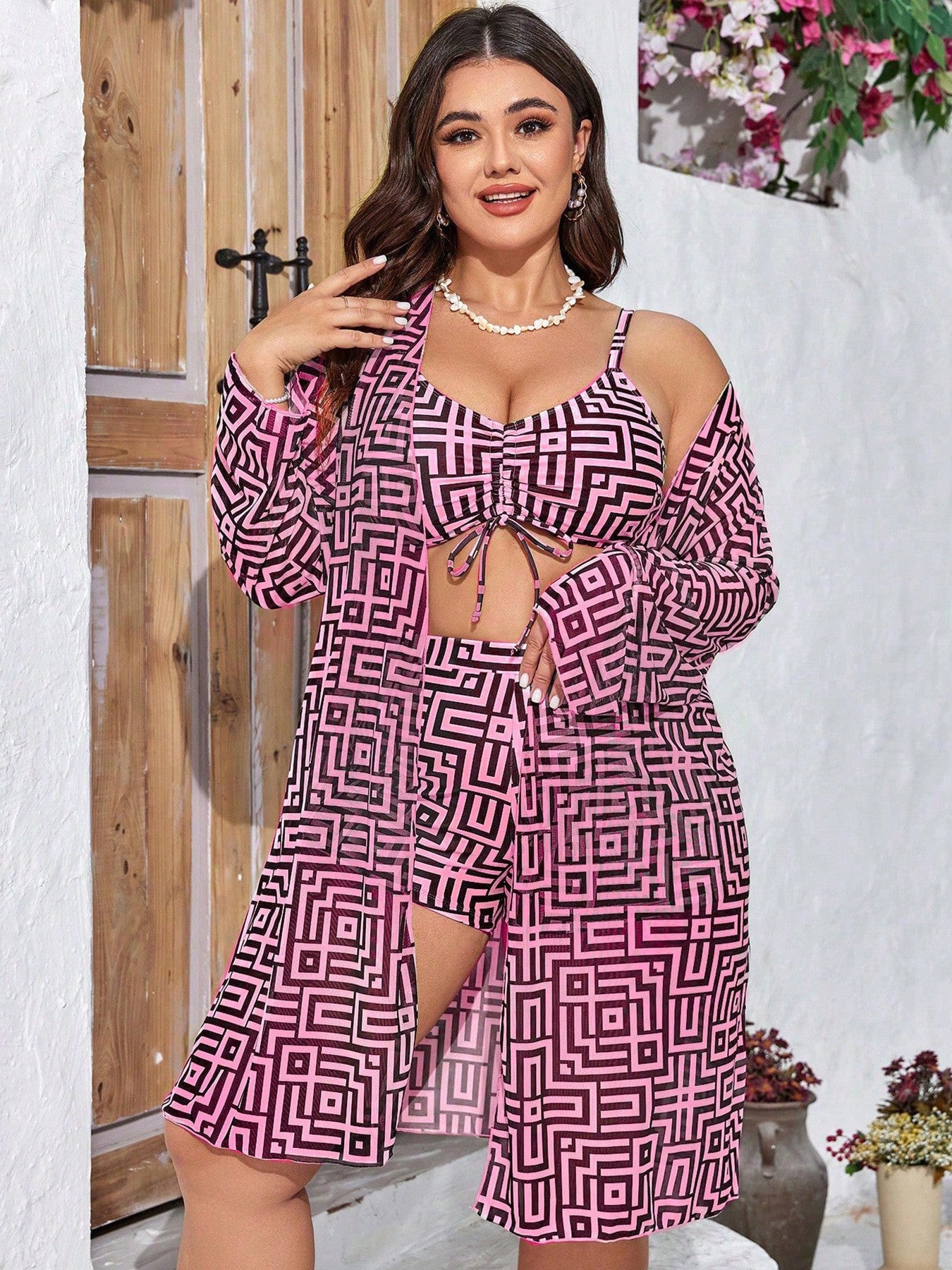 Plus Size Geometric Three-Piece Bikini Set With Cover-Up