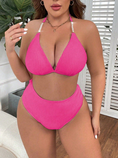 Plus Size Halter Backless High-Waisted Bikini Set