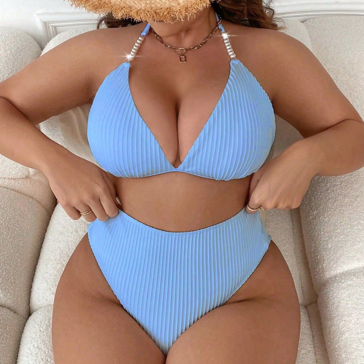 Plus Size Halter Backless High-Waisted Bikini Set