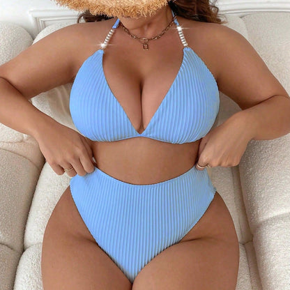 Plus Size Halter Backless High-Waisted Bikini Set