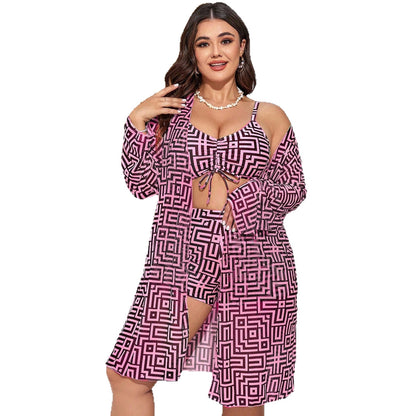 Plus Size Geometric Three-Piece Bikini Set With Cover-Up