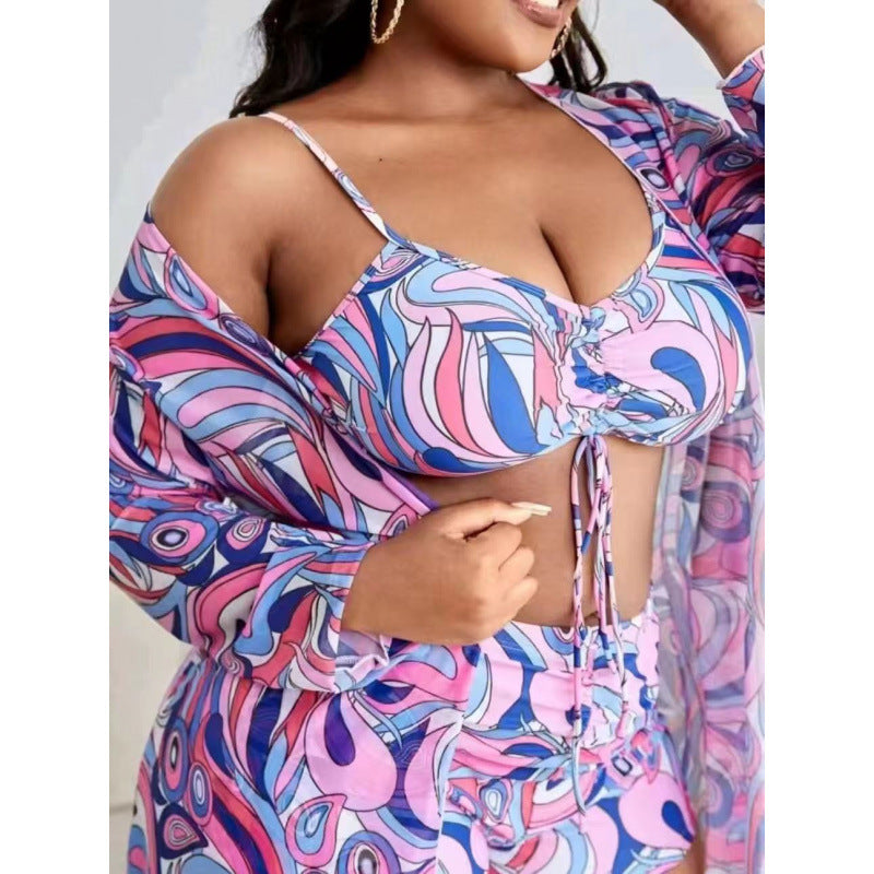 Plus Size Three-Piece Bikini Set With Long Cover-Up