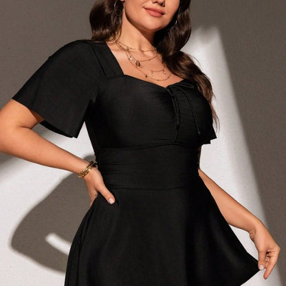 Plus Size Front-Coverage Drawstring One-Piece Swimsuit