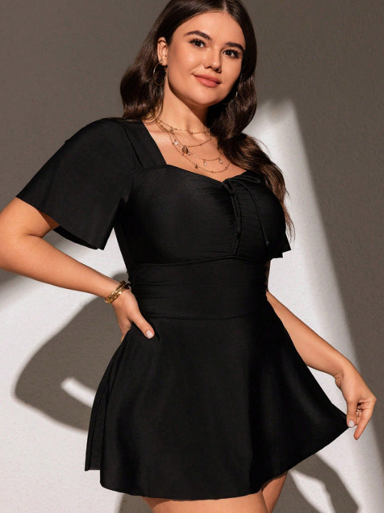 Plus Size Front-Coverage Drawstring One-Piece Swimsuit