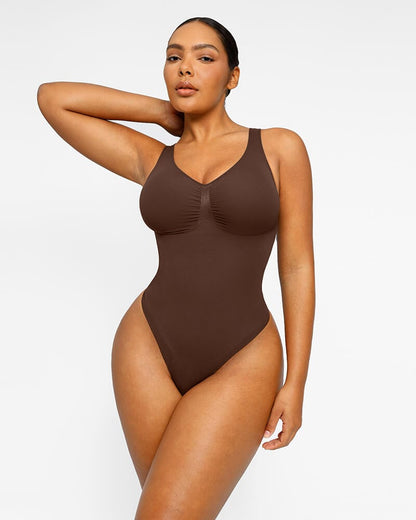 V-Neck Thong Bodysuit in black