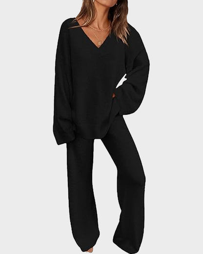 Soft Fuzzy V Neck Loungewear Set black