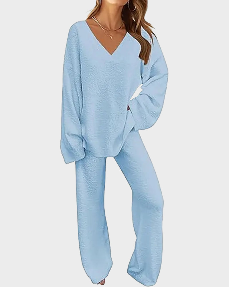 Soft Fuzzy V Neck Loungewear Set blue 81e3e101 4fa4 4998 8188 90f85152bc8d
