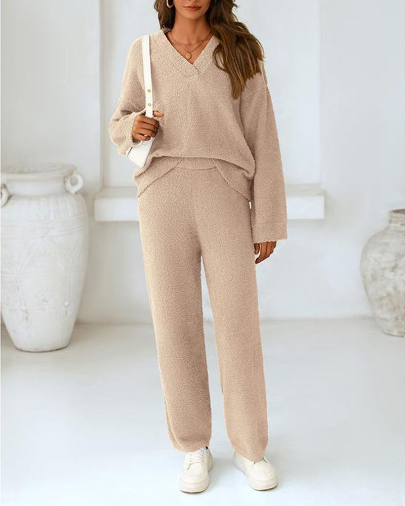 Soft Fuzzy V Neck Loungewear Set camel a