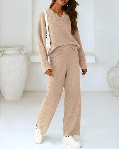 Soft Fuzzy V Neck Loungewear Set camel d