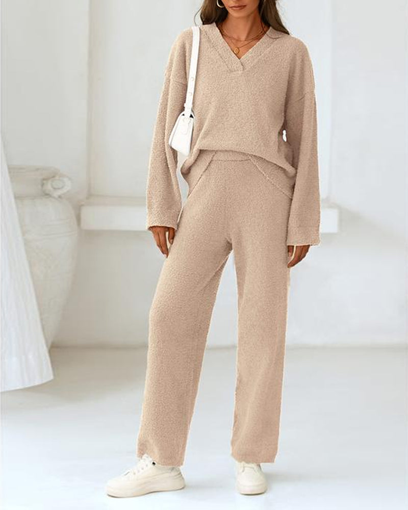 Soft Fuzzy V Neck Loungewear Set camel e