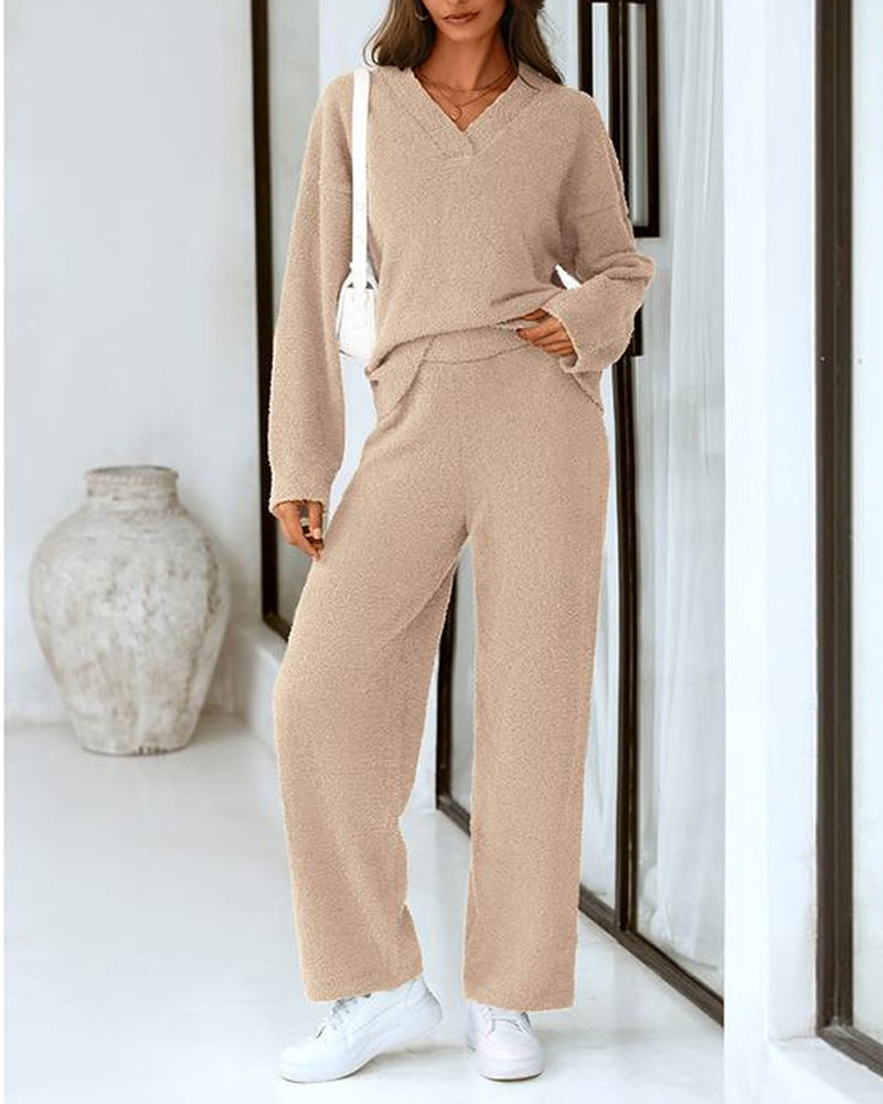 Soft Fuzzy V Neck Loungewear Set camel f