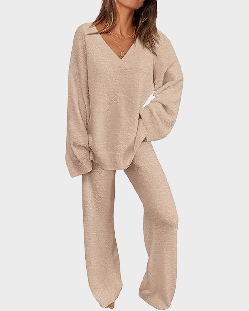 Soft Fuzzy V Neck Loungewear Set camel