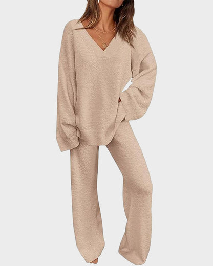 Soft Fuzzy V Neck Loungewear Set camel