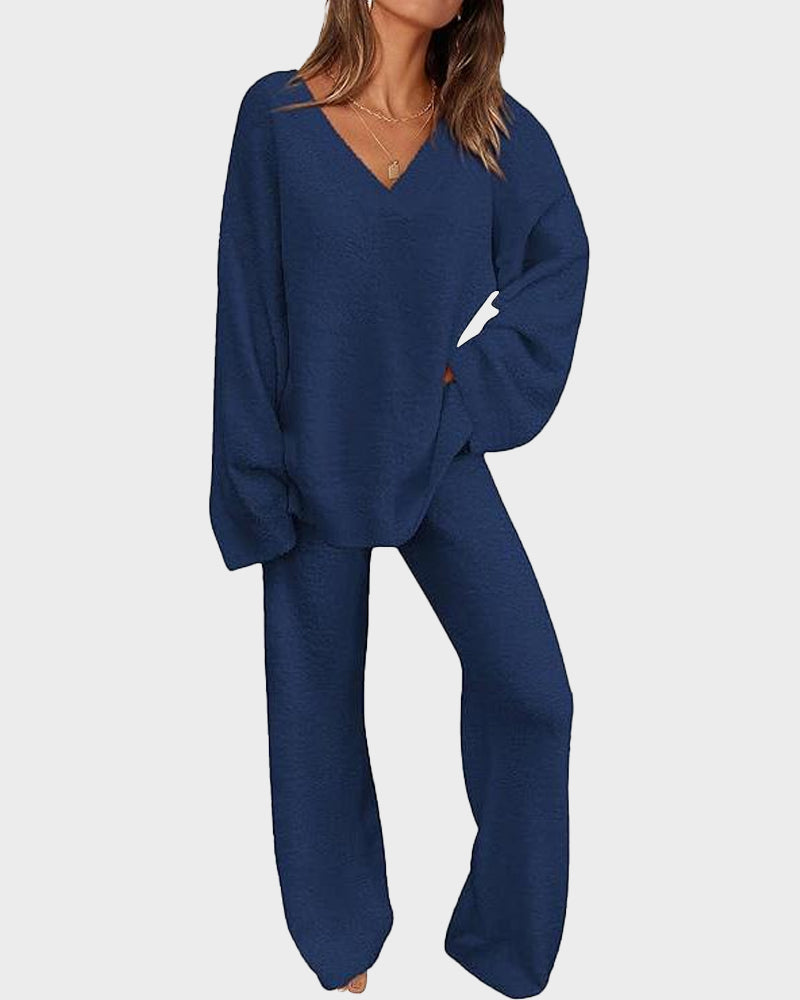 Soft Fuzzy V Neck Loungewear Set navyblue