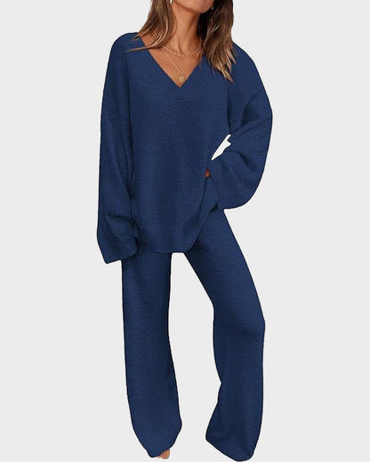 Soft Fuzzy V Neck Loungewear Set navyblue