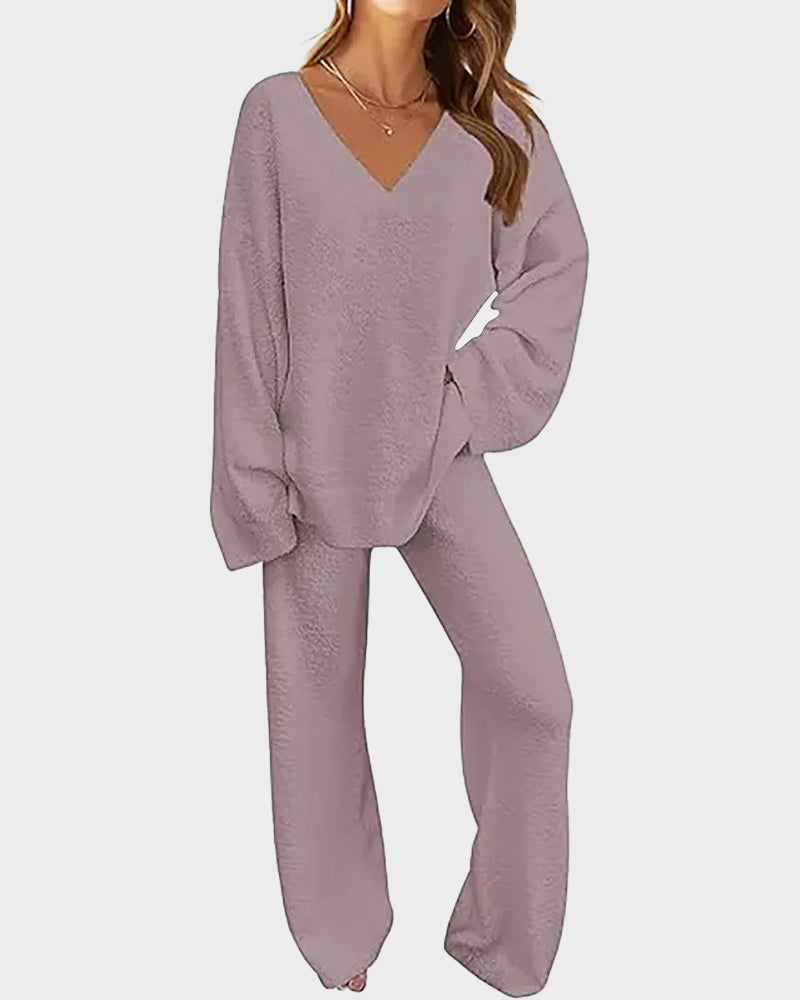 Soft Fuzzy V Neck Loungewear Set purple