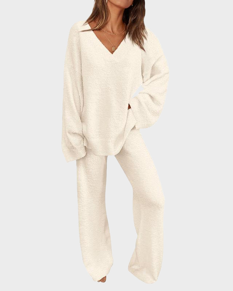 Soft Fuzzy V Neck Loungewear Set white