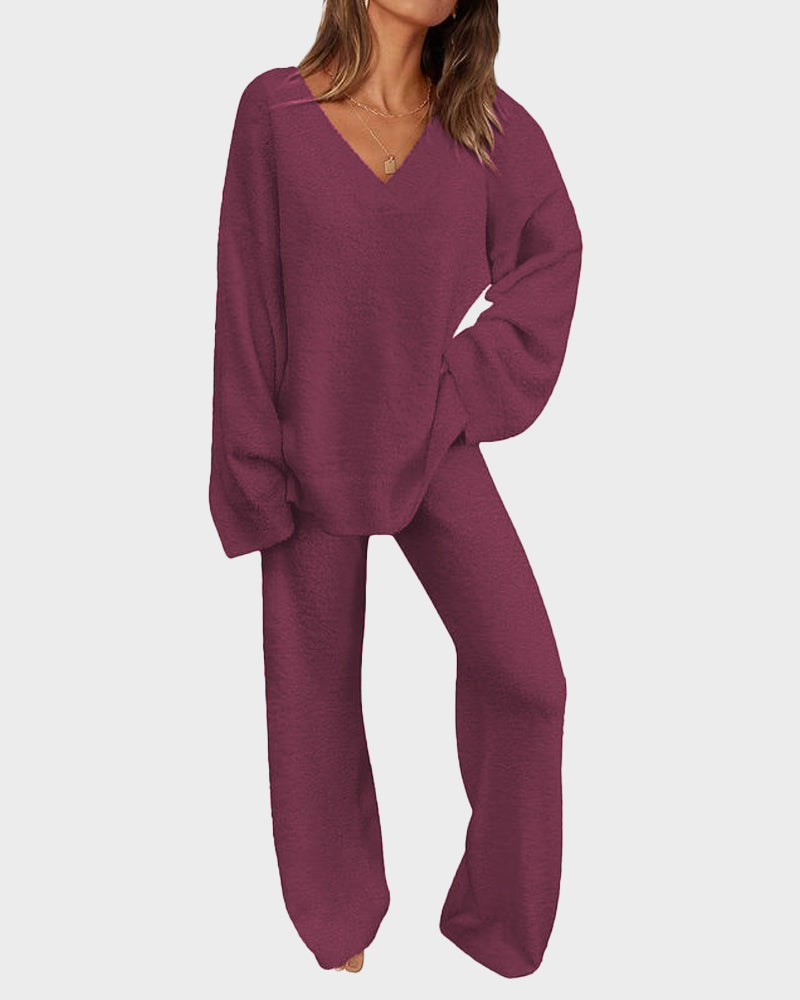 Soft Fuzzy V Neck Loungewear Set winered a