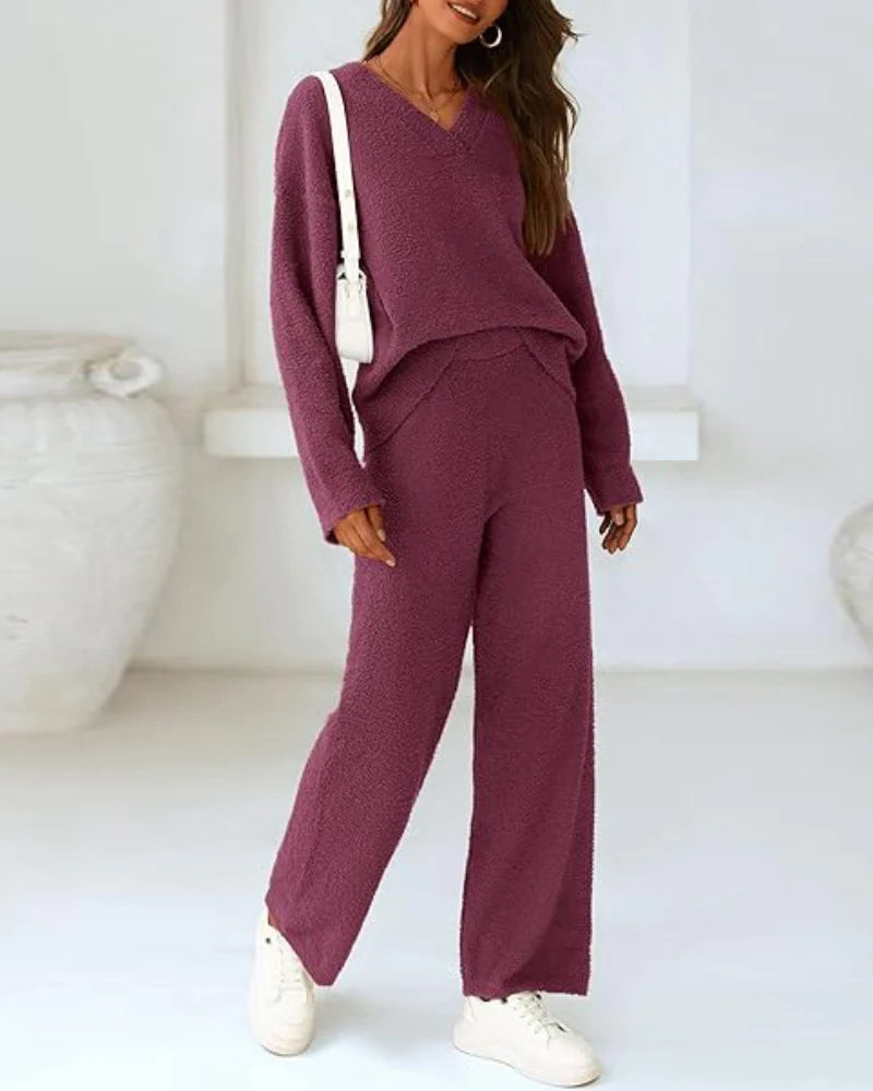 Soft Fuzzy V Neck Loungewear Set winered b