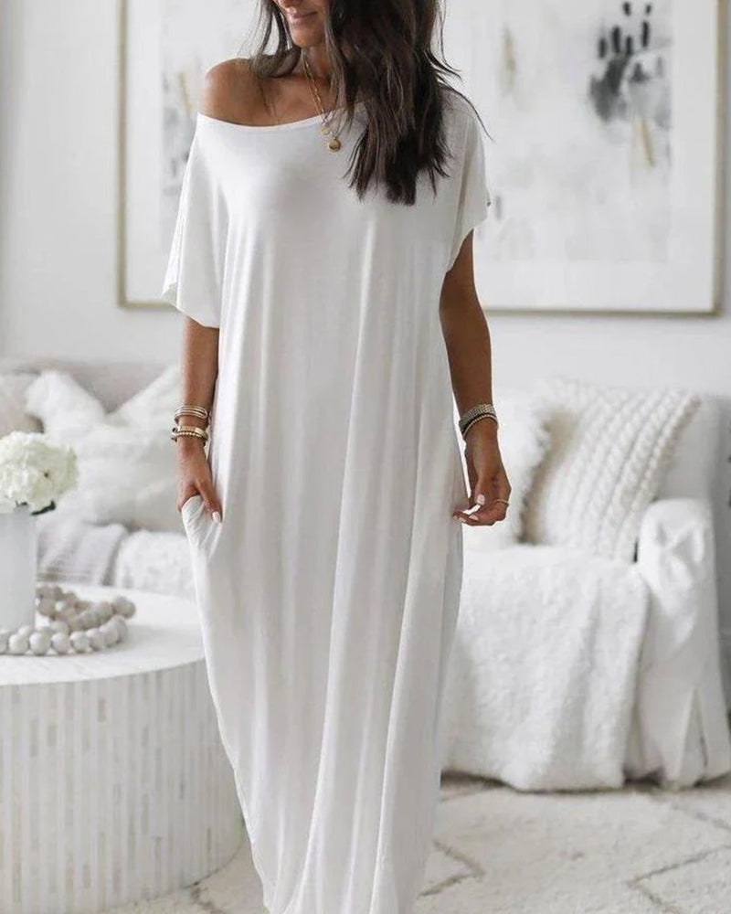 Women s Solid Color Batwing Sleeve nightdress white a