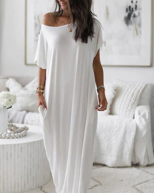 Women s Solid Color Batwing Sleeve nightdress white a