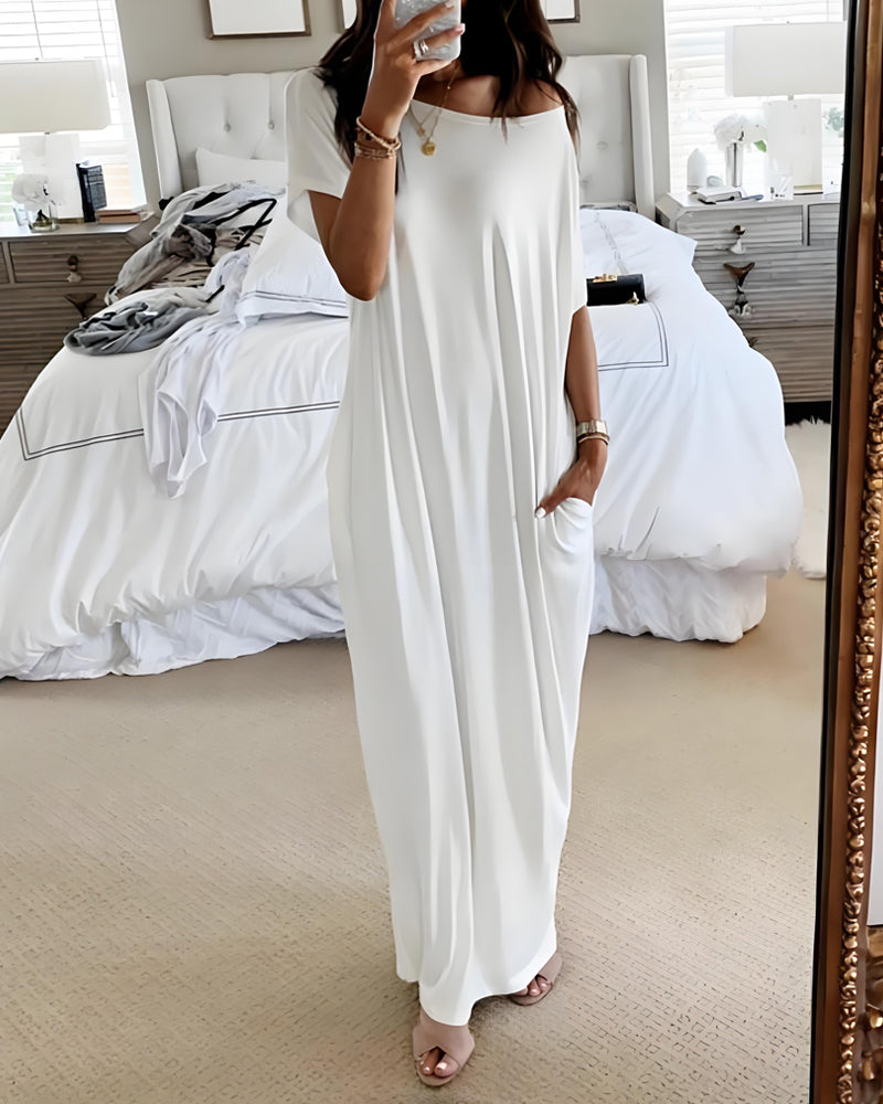 Women s Solid Color Batwing Sleeve nightdress white c