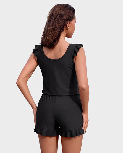 Built-in Bra Swim Romper - Black