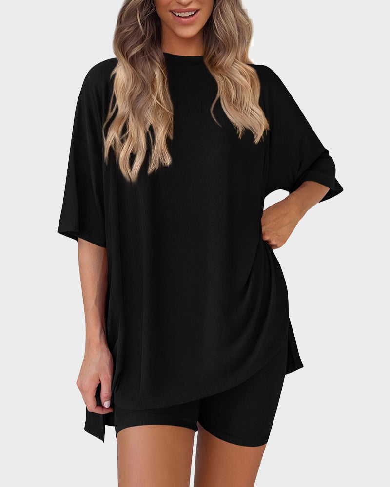 Casual Oversized 2-Piece Lounge Set with Crewneck & Split Hem - Black