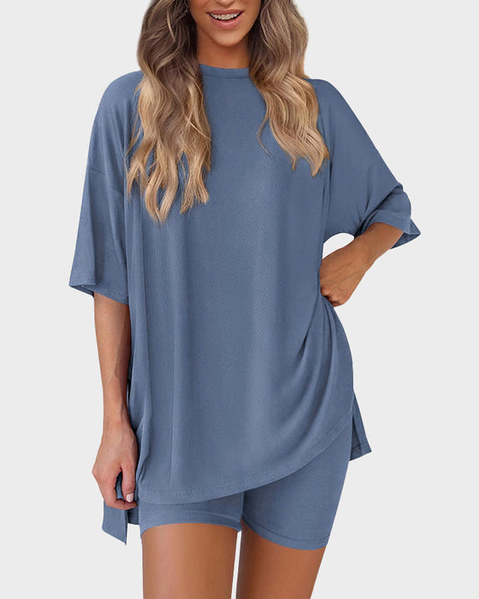 Casual Oversized 2-Piece Lounge Set with Crewneck & Split Hem - Blue