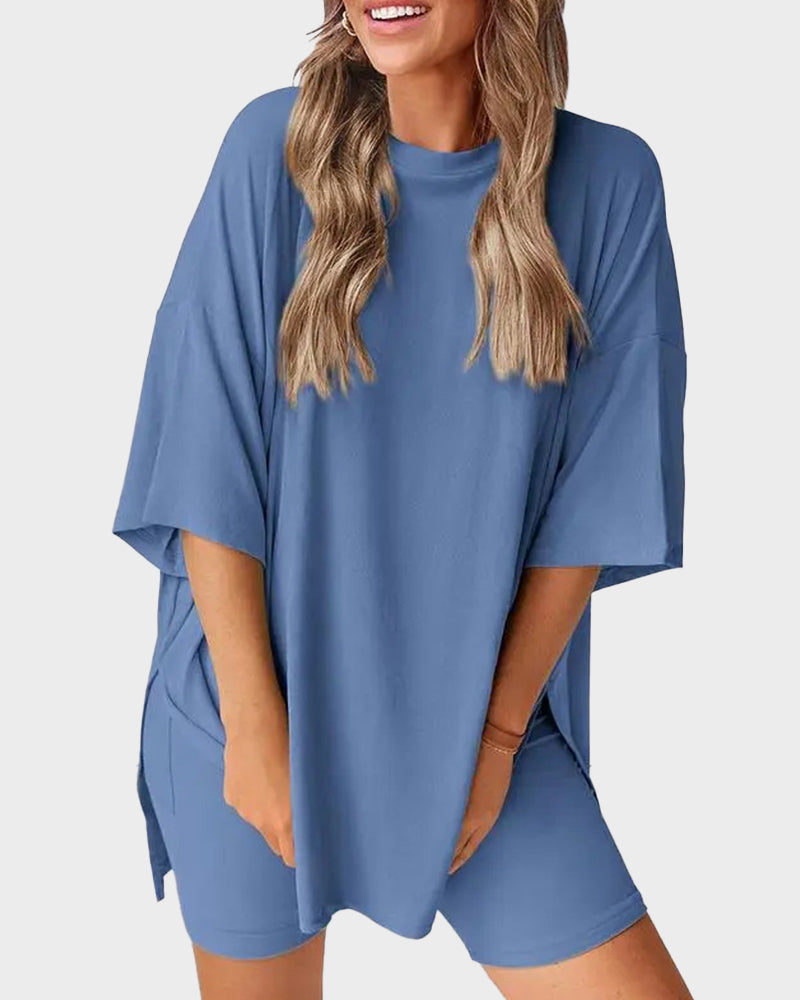 Casual Oversized 2-Piece Lounge Set with Crewneck & Split Hem - Blue