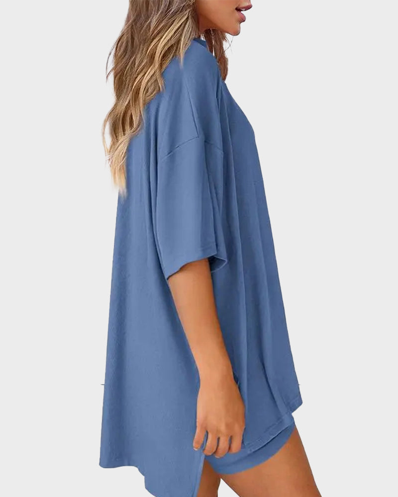 Casual Oversized 2-Piece Lounge Set with Crewneck & Split Hem - Blue