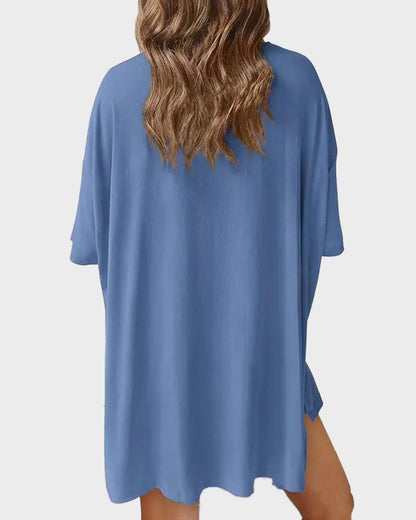 Casual Oversized 2-Piece Lounge Set with Crewneck & Split Hem - Blue