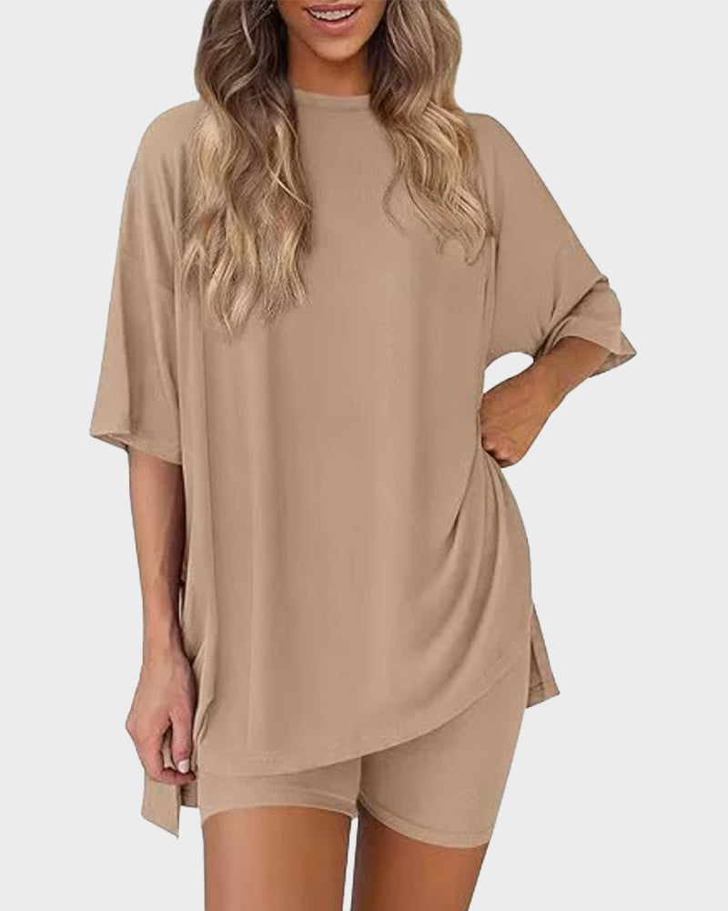 Casual Oversized 2-Piece Lounge Set with Crewneck & Split Hem - Khaki