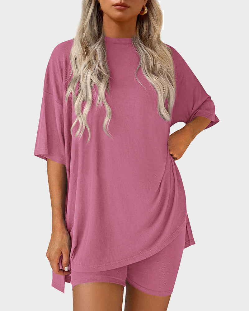 Casual Oversized 2-Piece Lounge Set with Crewneck & Split Hem - Pink