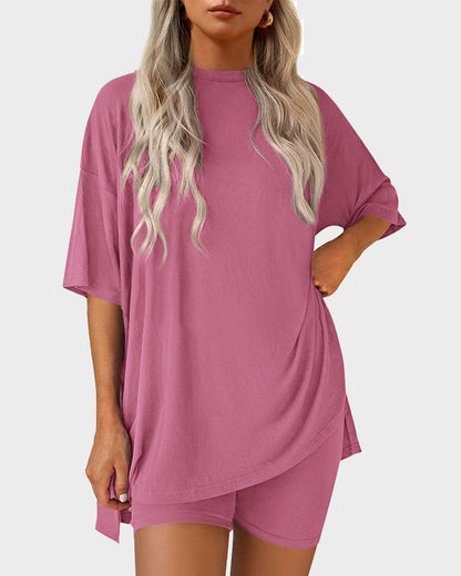 Casual Oversized 2-Piece Lounge Set with Crewneck & Split Hem - Pink