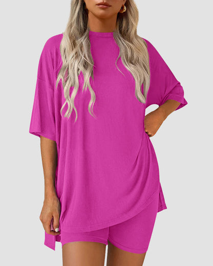 Casual Oversized 2-Piece Lounge Set with Crewneck & Split Hem - Rose Red
