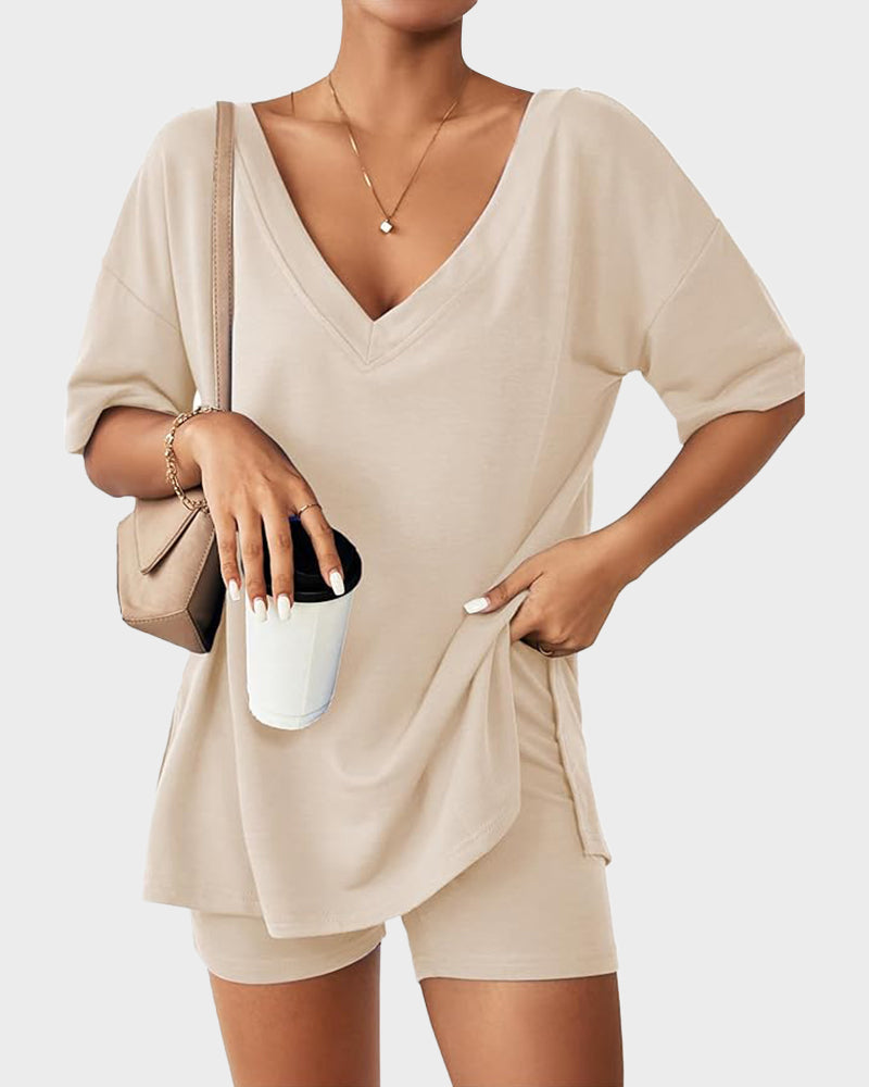 Casual Vibe Comfy Oversized 2-Piece Lounge Set - Beige