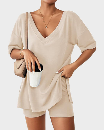 Casual Vibe Comfy Oversized 2-Piece Lounge Set - Beige